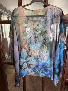 Jess & Jane Peacock Floral Sheer Poncho Blouse Blue Green XL Made in USA